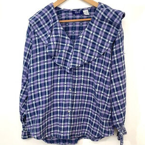 Vintage Womans Plaid Flannel Shirt Medium  Purple Ruffles Long Sleeve Cotton